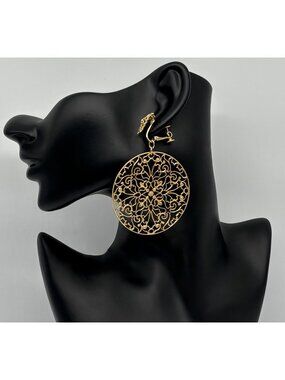 Vintage Napier Earrings Gold-Tone X-Large Round Dangling Discs Filigree Clip-Ons